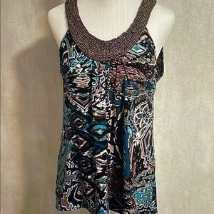 Agenda Beaded-Neck Tank with Teal, Brown and Black Abstract Print